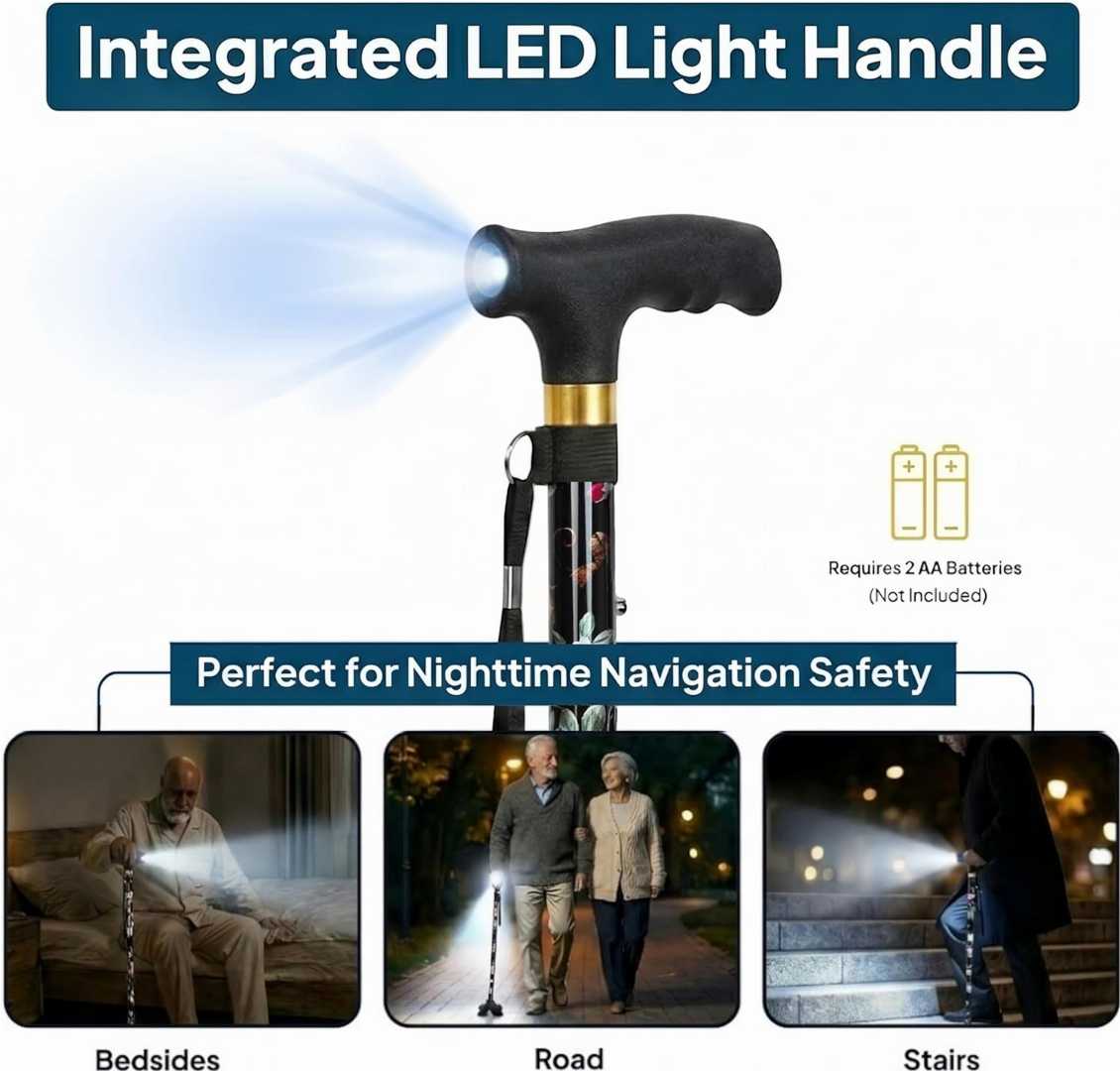 Durable Stylish Cane for Seniors,Ultra-Lightweigh Walking Cane,,Walking Cane with LED Light,senior mobility walking aid cane, sturdy walking cane for balance support, portable folding cane for senior