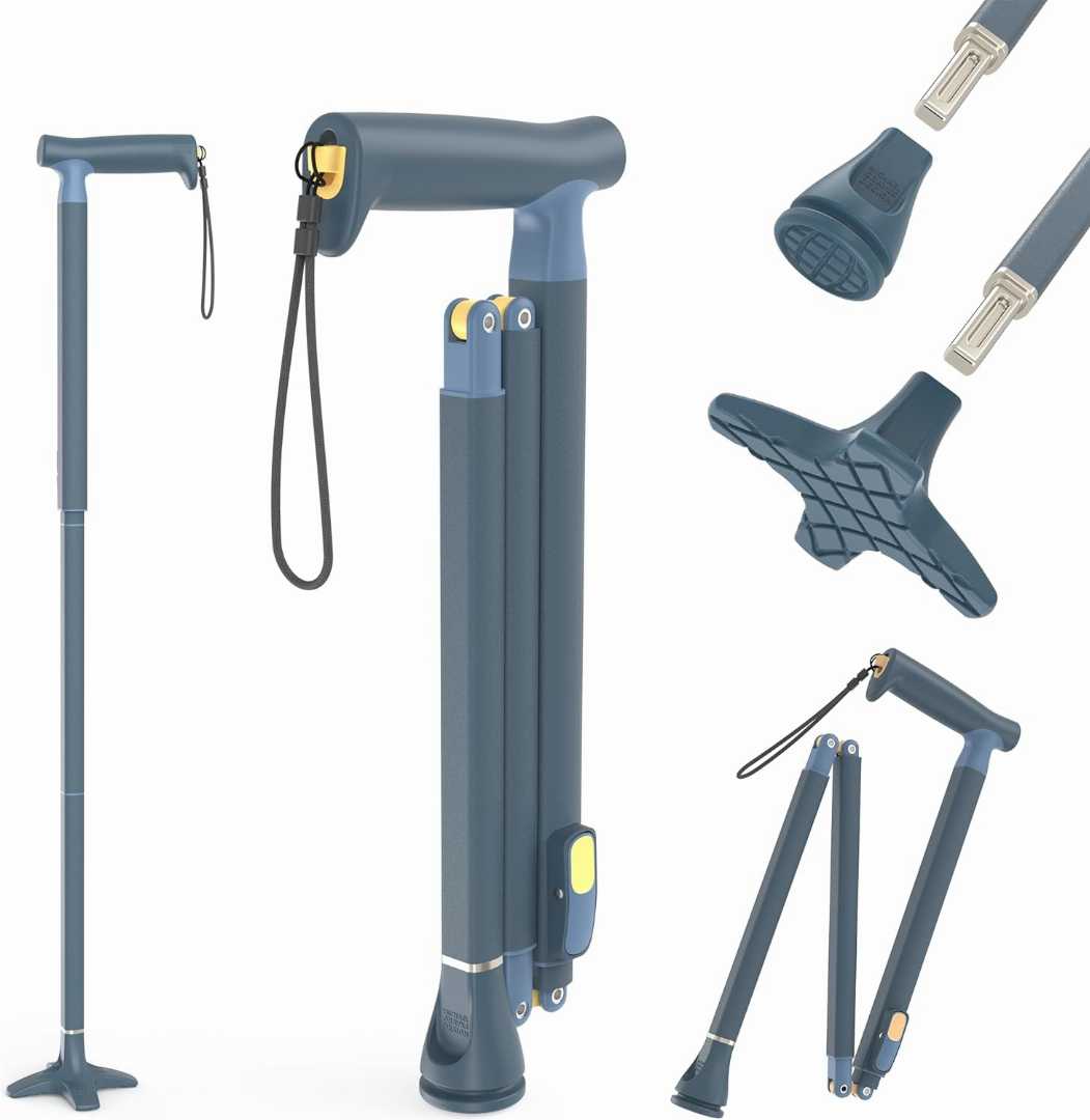 safe foldable cane for elderly adults, best walking cane for seniors, lightweight collapsible cane for travel, durable walking stick for balance support, stable free standing cane for seniors