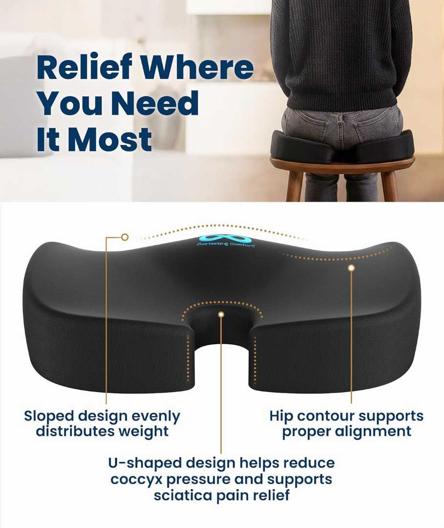 seat cushion, memory foam cushion, sciatica relief, tailbone cushion, office chair cushion, ergonomic cushion
