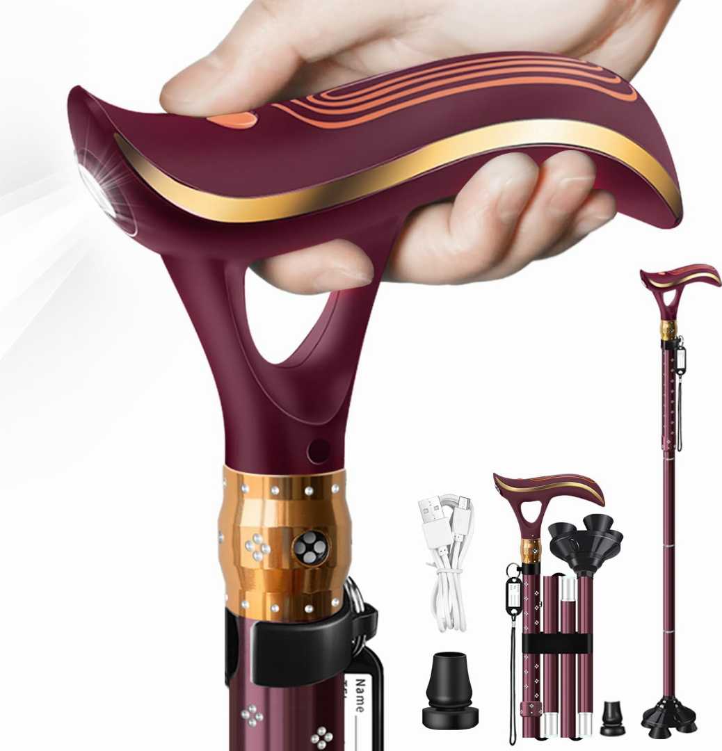 Walking Cane with LED Light,senior mobility walking aid cane, safe foldable cane for elderly adults, portable folding cane for seniors, heavy duty walking cane,adjustable height walking stick