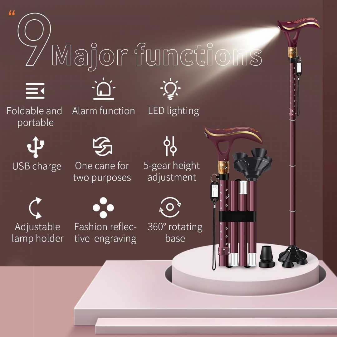 Walking Cane with LED Light,senior mobility walking aid cane, safe foldable cane for elderly adults, portable folding cane for seniors, heavy duty walking cane,adjustable height walking stick