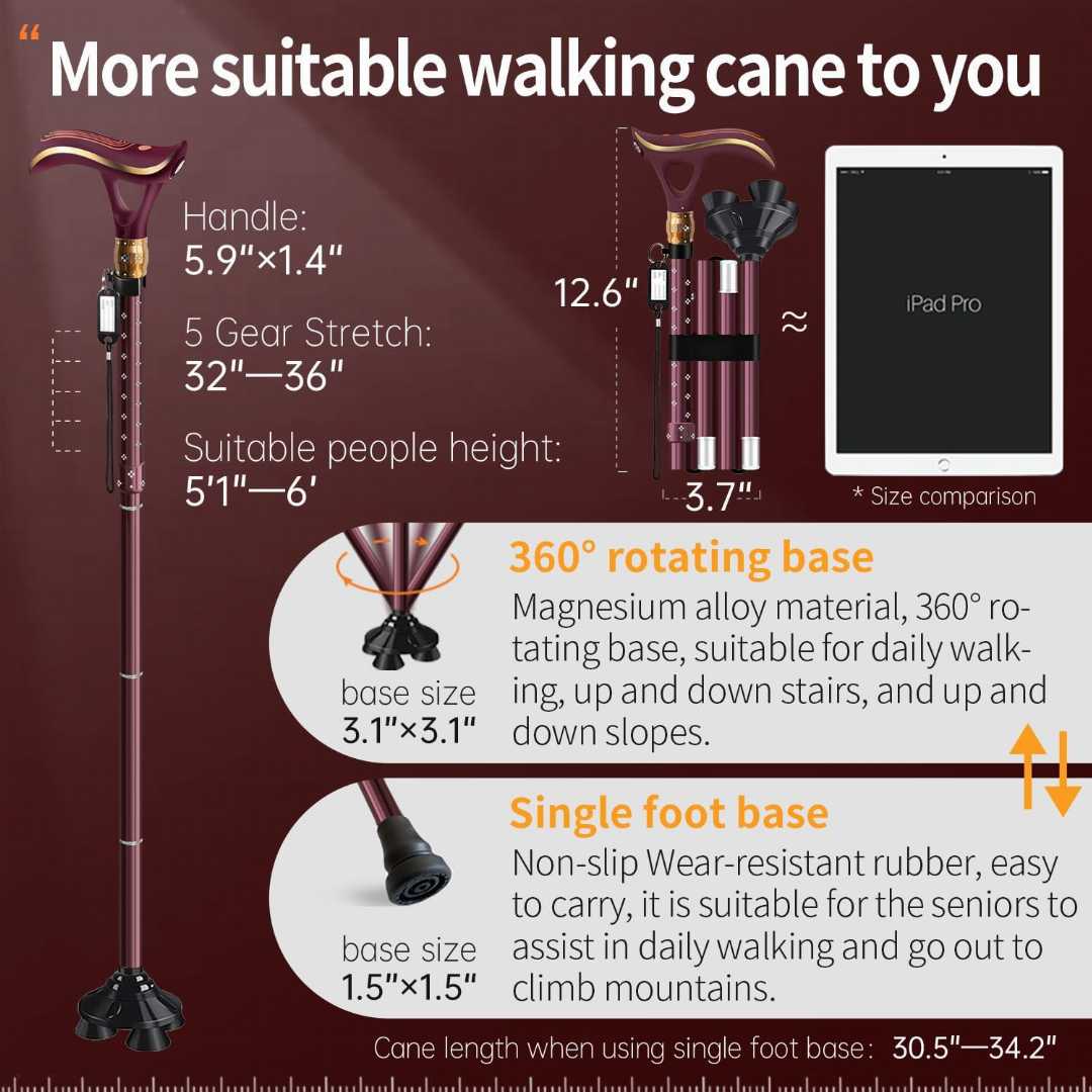 Walking Cane with LED Light,senior mobility walking aid cane, safe foldable cane for elderly adults, portable folding cane for seniors, heavy duty walking cane,adjustable height walking stick