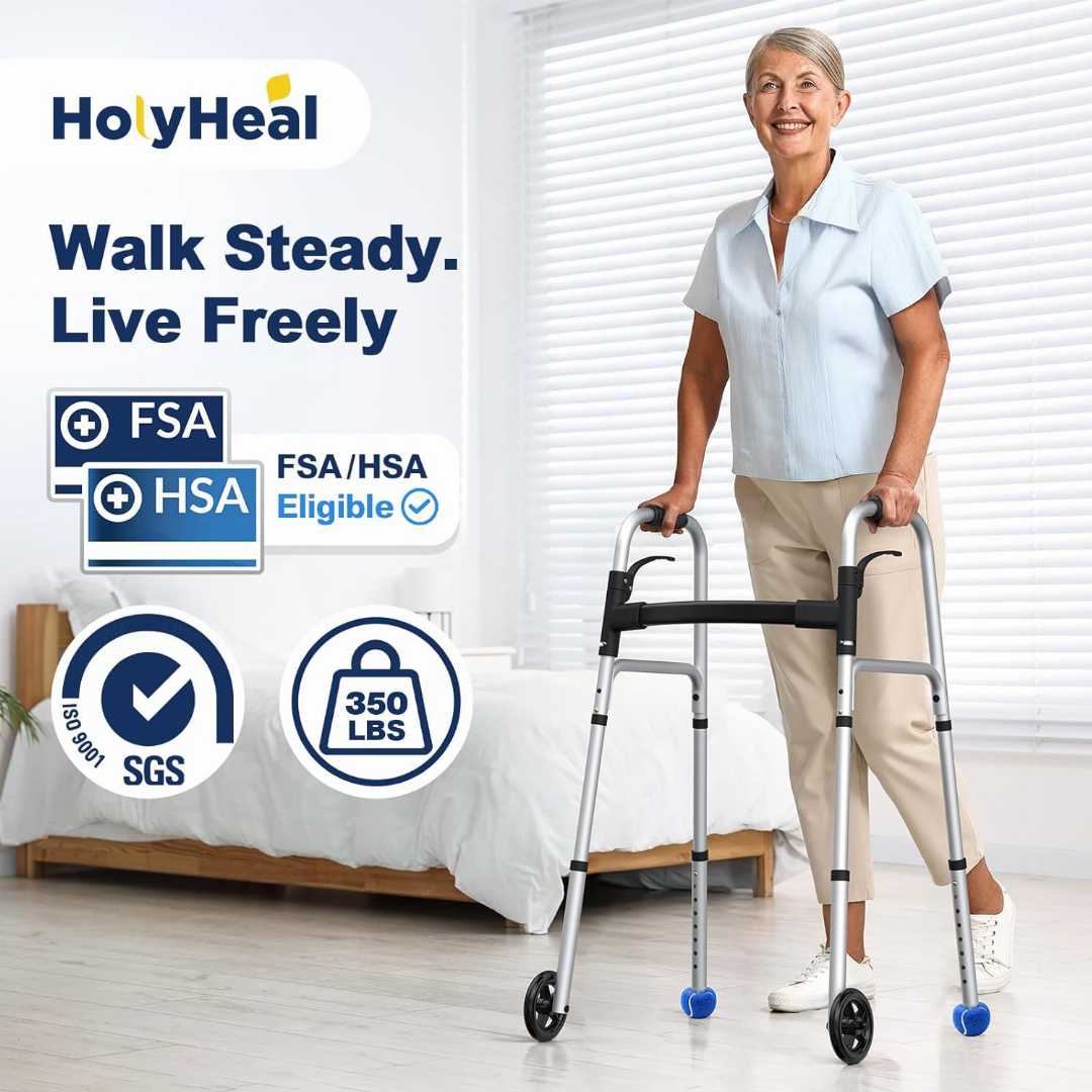 Height Adjustable Standard Compact Walker, Lightweight Walkers for Seniors with Wheels, Folding Walker with 2 Precut Tennis Balls, Folding Walker with 2 Precut Tennis Balls for Seniors