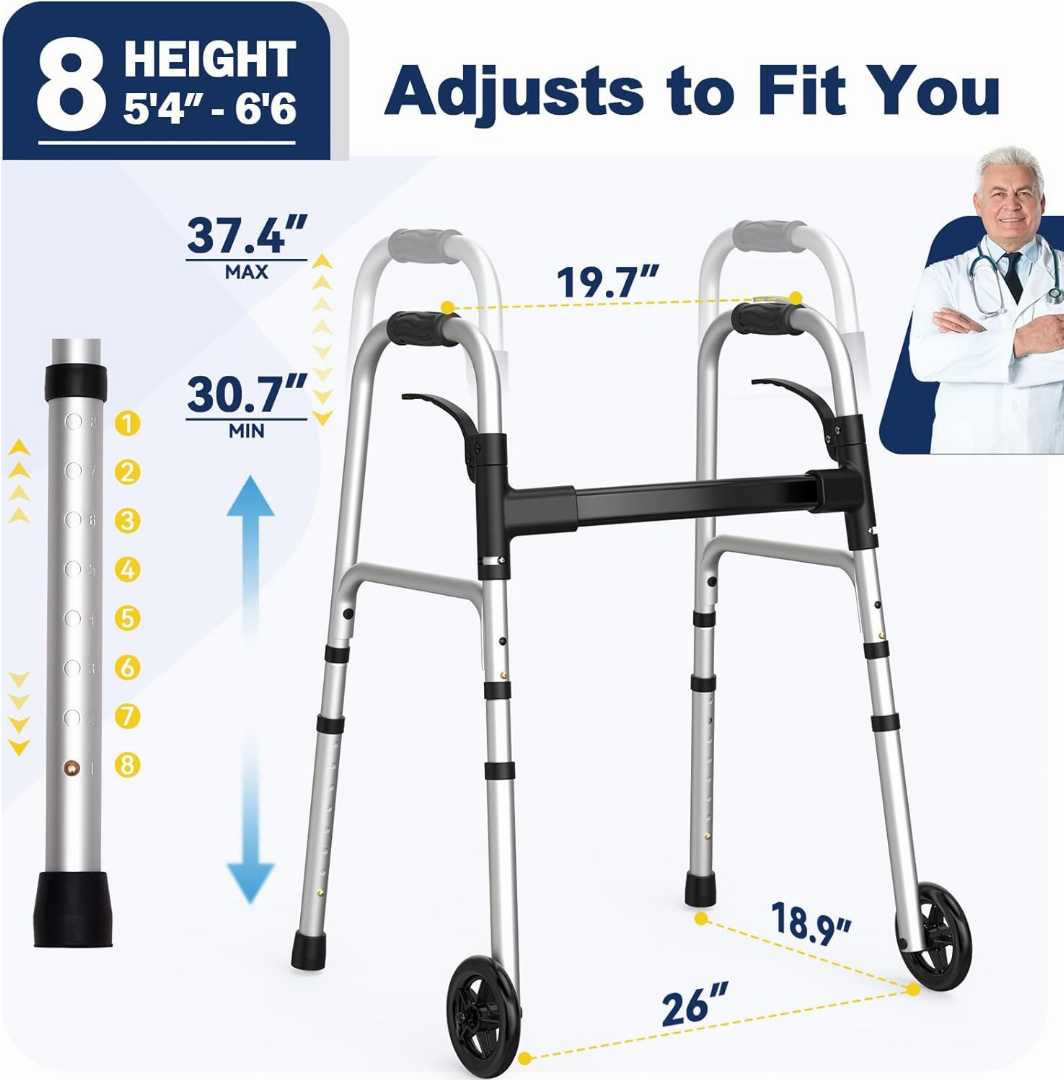 Height Adjustable Standard Compact Walker, Lightweight Walkers for Seniors with Wheels, Folding Walker with 2 Precut Tennis Balls, Folding Walker with 2 Precut Tennis Balls for Seniors