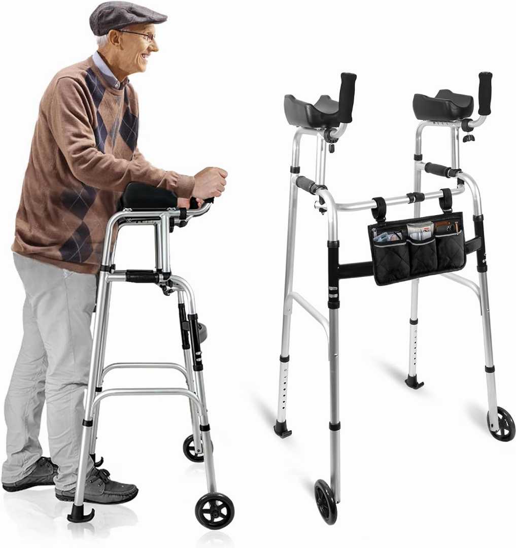 Height Adjustable Walker,Walker with Arm Support & Storage Bag, Walker for Seniors with Arm Support, Lightweight Aluminum Walker for Seniors, Foldable Lightweight Aluminum Upright Mobility Aid