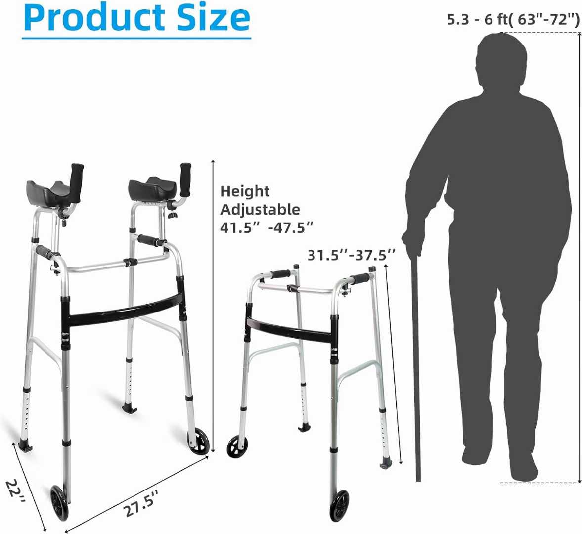 Height Adjustable Walker,Walker with Arm Support & Storage Bag, Walker for Seniors with Arm Support, Lightweight Aluminum Walker for Seniors, Foldable Lightweight Aluminum Upright Mobility Aid