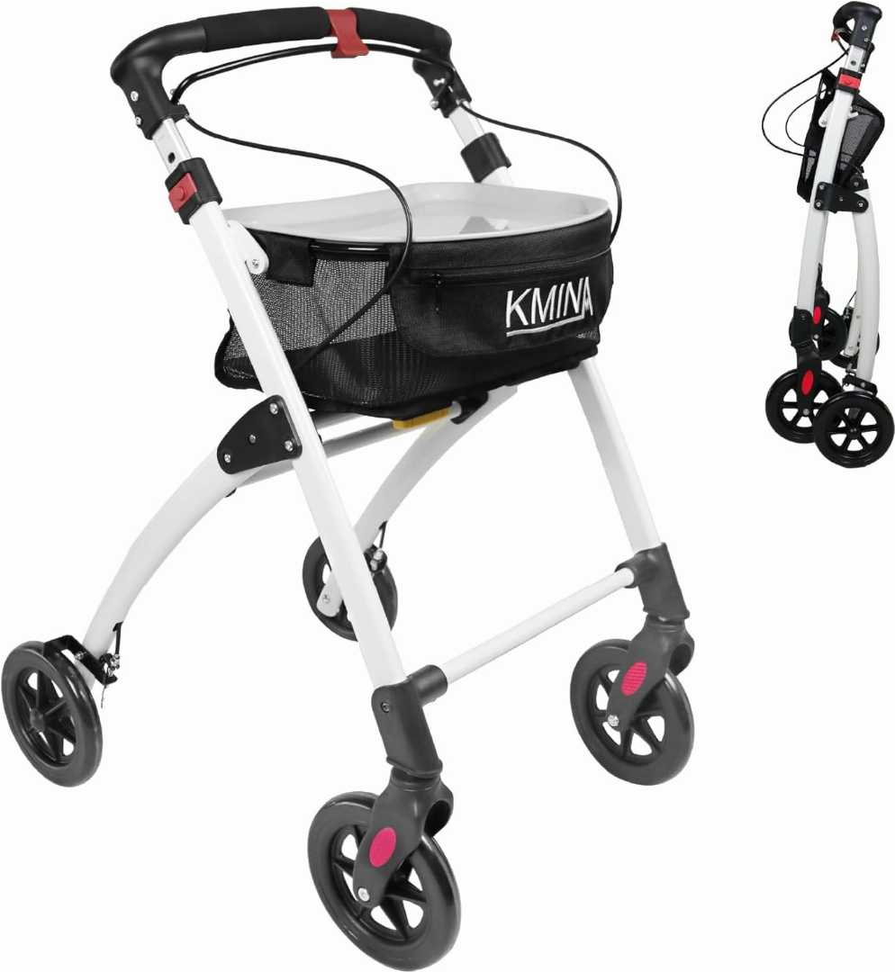 Foldable Walker for Seniors,Walker with 4 Wheels and Brakes,Foldable Walker with Tray and Basket,Walker for Small Spaces,Foldable Walker with Tray and Basket for olders,Lightweight Indoor Rollator