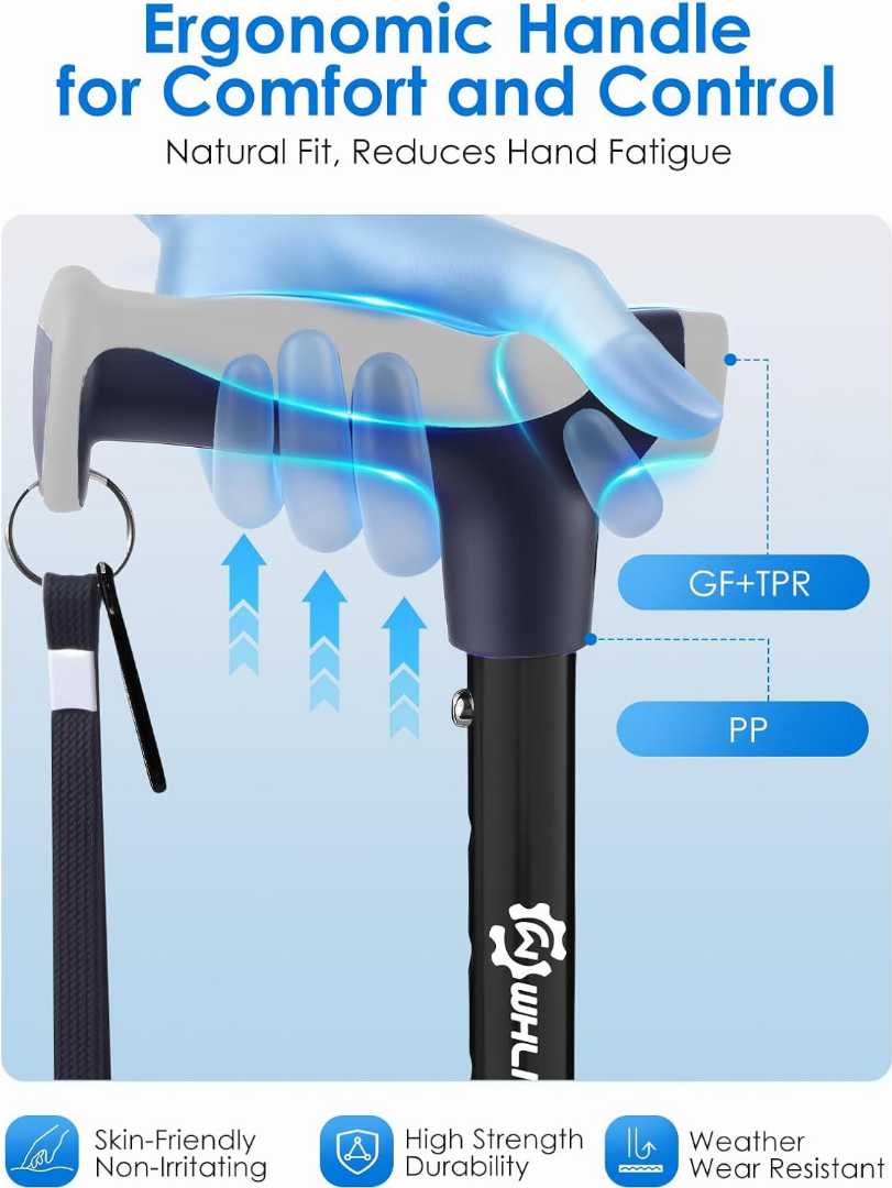 adjustable walking cane, dual handle walking cane, walking cane for seniors, heavy duty cane, foldable walking cane, self standing cane, balance support cane, mobility aid, anti slip cane, stable wal