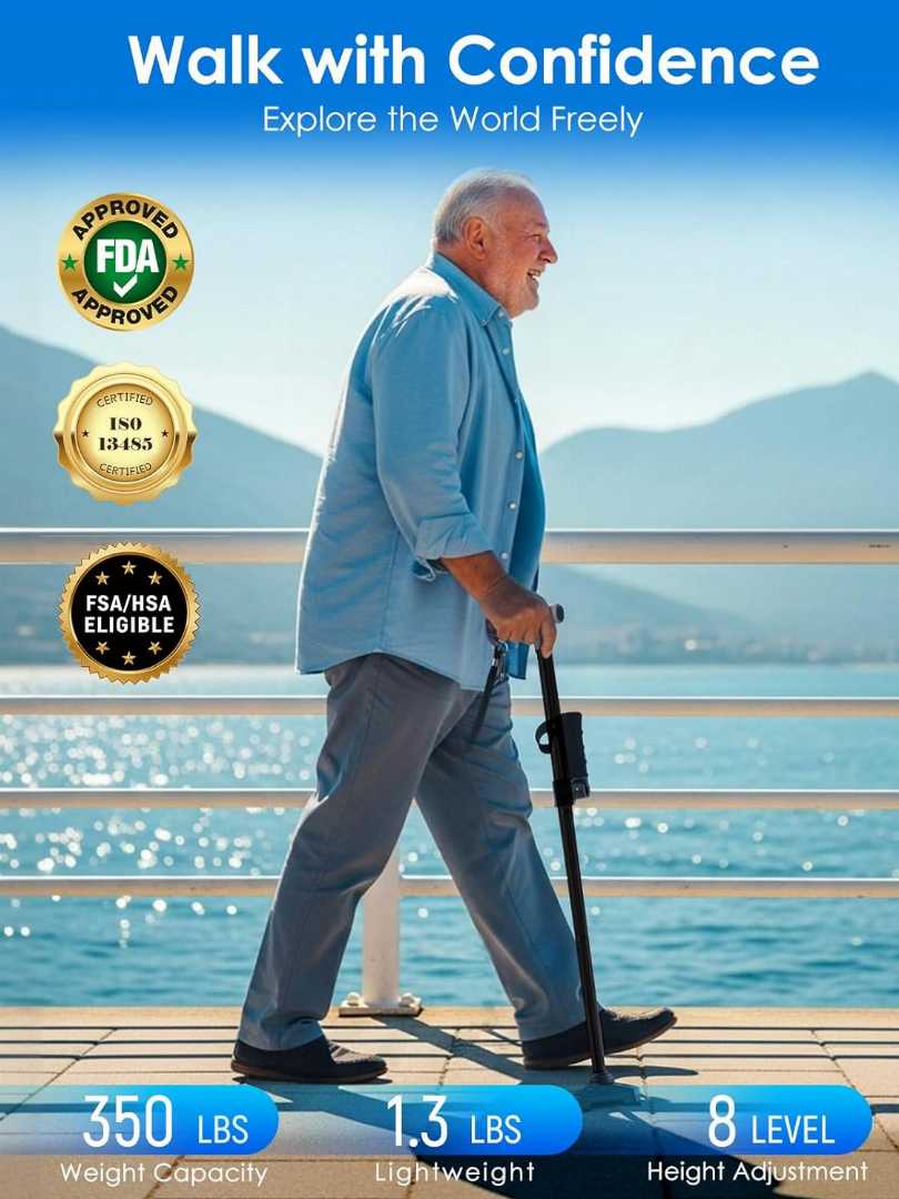 adjustable walking cane, dual handle walking cane, walking cane for seniors, heavy duty cane, foldable walking cane, self standing cane, balance support cane, mobility aid, anti slip cane, stable wal