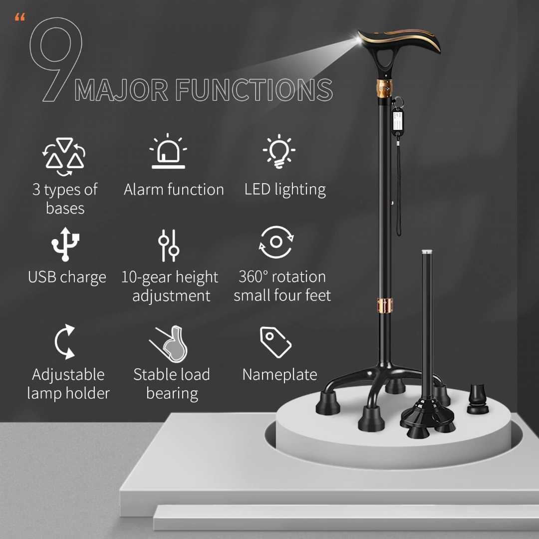 ispuoocti walking cane, smart alarm walking cane, adjustable walking stick, LED walking cane, USB rechargeable cane, senior walking cane, folding walking stick, telescopic cane, multi base walking ca