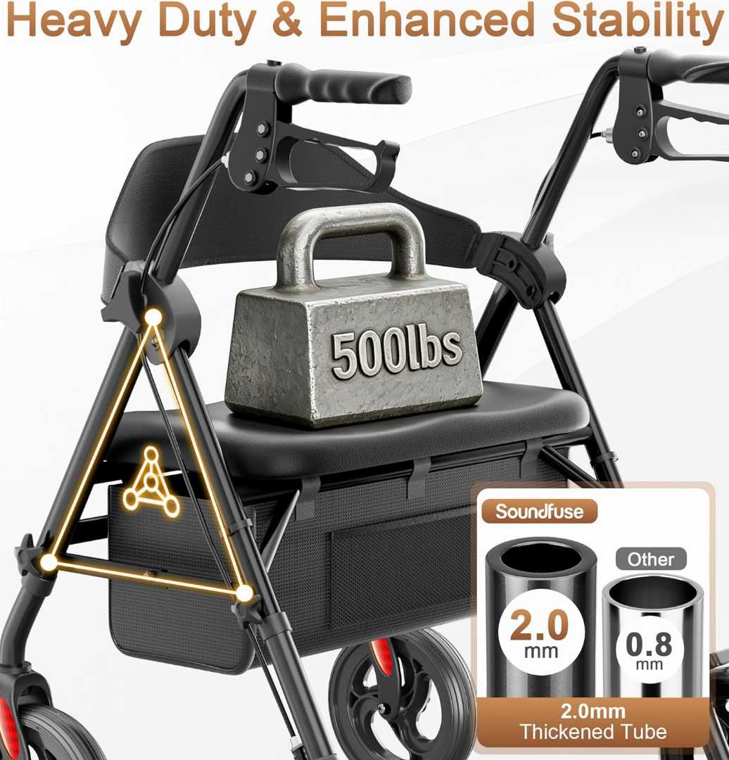Bariatric Walker,Heavy Duty Rollator Walker,Bariatric Walker for Seniors,Bariatric Walker for Seniors with Extra Wide Seat,Foldable Rolling Walkers,Handle & Seat Height Adjustable Rollator Walker
