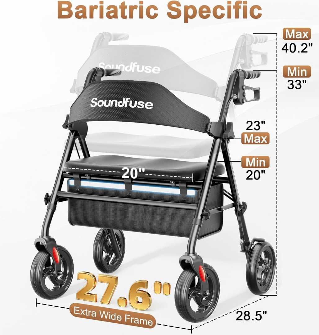 Bariatric Walker,Heavy Duty Rollator Walker,Bariatric Walker for Seniors,Bariatric Walker for Seniors with Extra Wide Seat,Foldable Rolling Walkers,Handle & Seat Height Adjustable Rollator Walker