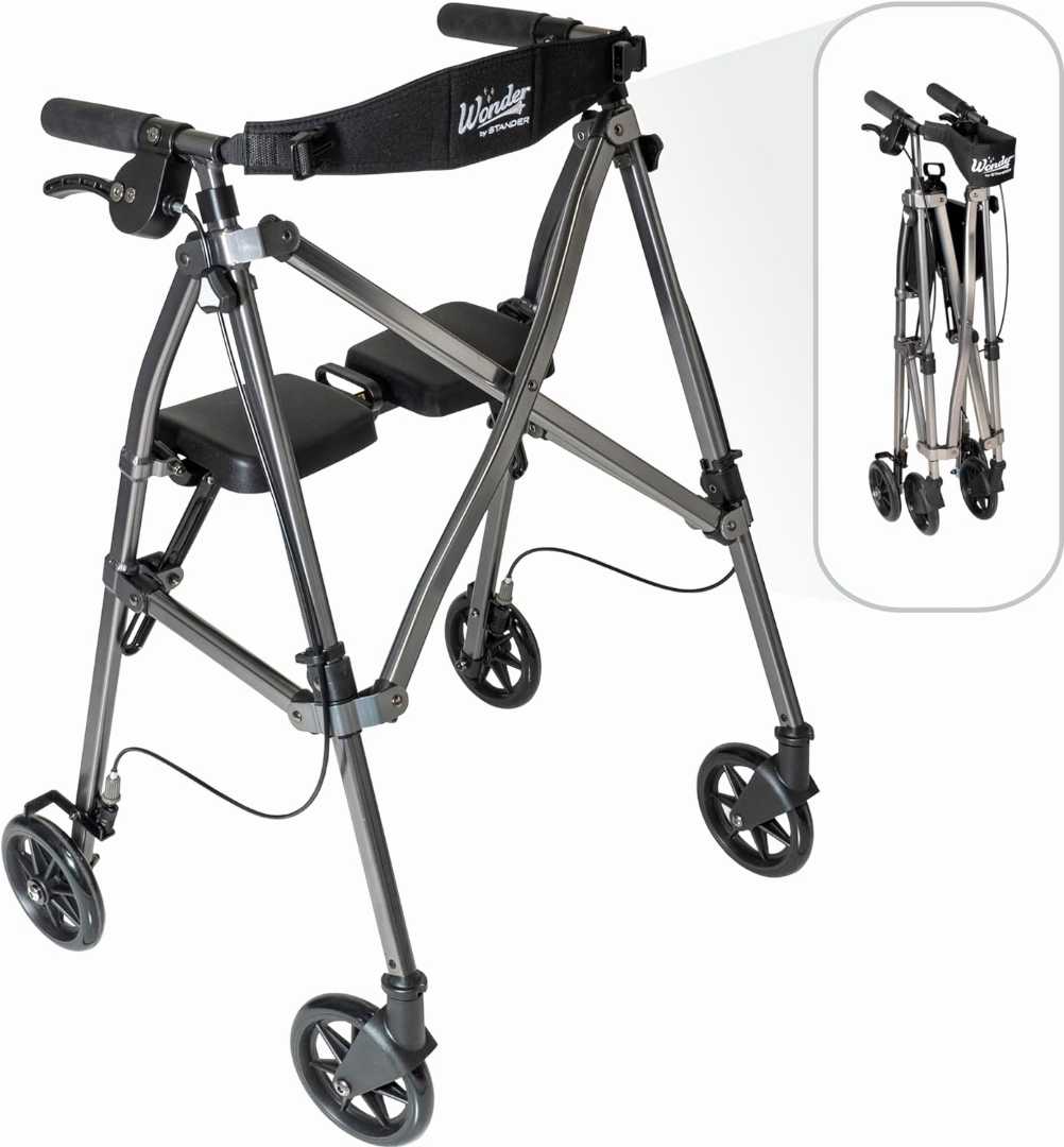 Rollator Locking Brakes & Padded Seat with Backrest,Stander Space Saver Rollator Stander Space Saver Rollator for seniors,4-Wheel Mobility Aid with 6-inch Wheels,Lightweight Folding Rolling Walkers