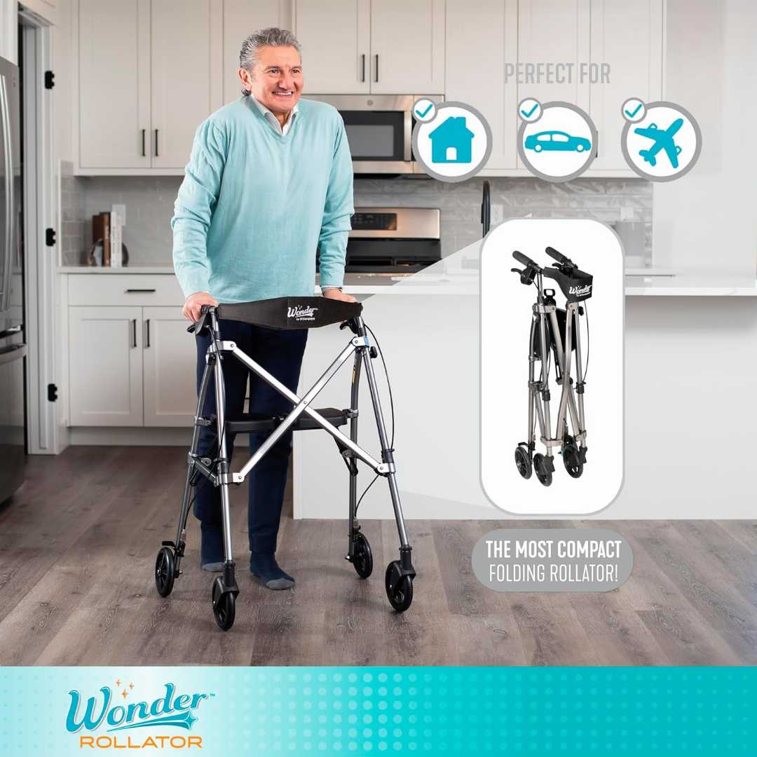 Rollator Locking Brakes & Padded Seat with Backrest,Stander Space Saver Rollator Stander Space Saver Rollator for seniors,4-Wheel Mobility Aid with 6-inch Wheels,Lightweight Folding Rolling Walkers