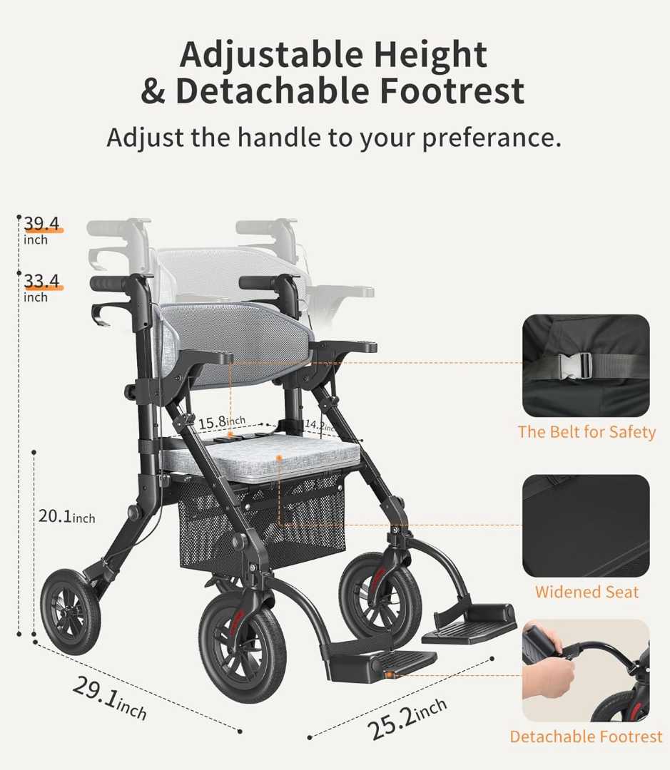 Rollator Walkers for Seniors with Seat,Walker Wheelchair Combo,Transport Wheelchair Lightweight Foldable,Rollator Walkers for Seniors with Seat for seniors,2 in 1 Rolling Walker Chair with Brakes