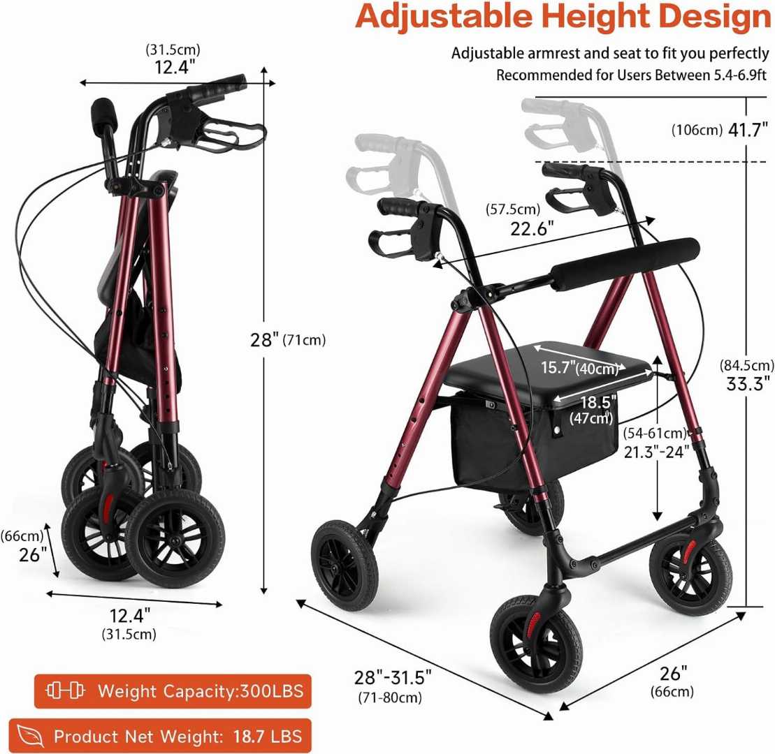 All-Terrain,Wheels,Rollator,Walker,with,Seat,&,Tray,for,Seniors