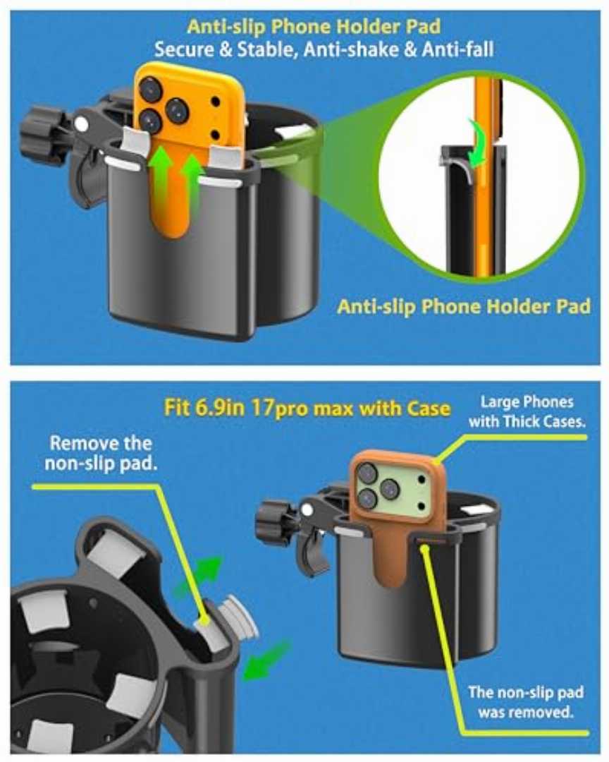 Seaperk cup holder,2-in-1 cup and phone holder,walker cup holder with phone holder,stroller cup holder with phone mount,wheelchair cup holder,clamp-on cup holder,multifunctional cup holder
