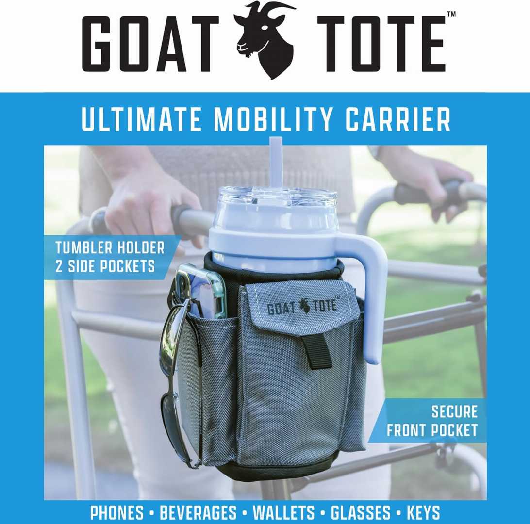 Goat Tote mobility bag,walker bag with cup holder,wheelchair tote bag with cup holder,rollator storage bag,mobility bag for walker,easy attach walker bag,tote bag for wheelchair users mobility