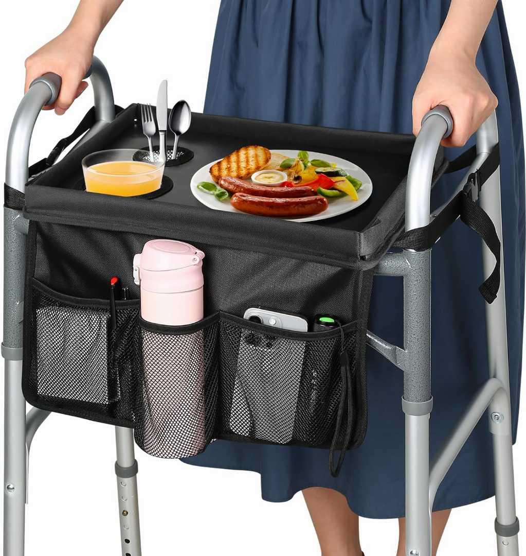 HOOMTREE walker tray,walker tray with cup holder,folding walker tray for seniors,walker accessories tray,detachable walker tray,walker tray with storage pocket,anti slip walker tray,
