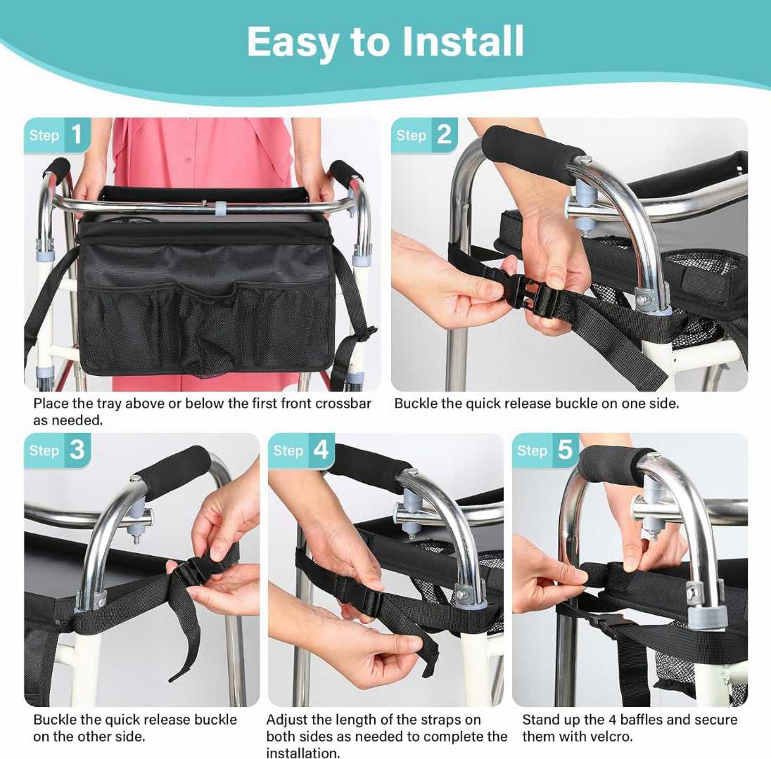 HOOMTREE walker tray,walker tray with cup holder,folding walker tray for seniors,walker accessories tray,detachable walker tray,walker tray with storage pocket,anti slip walker tray,
