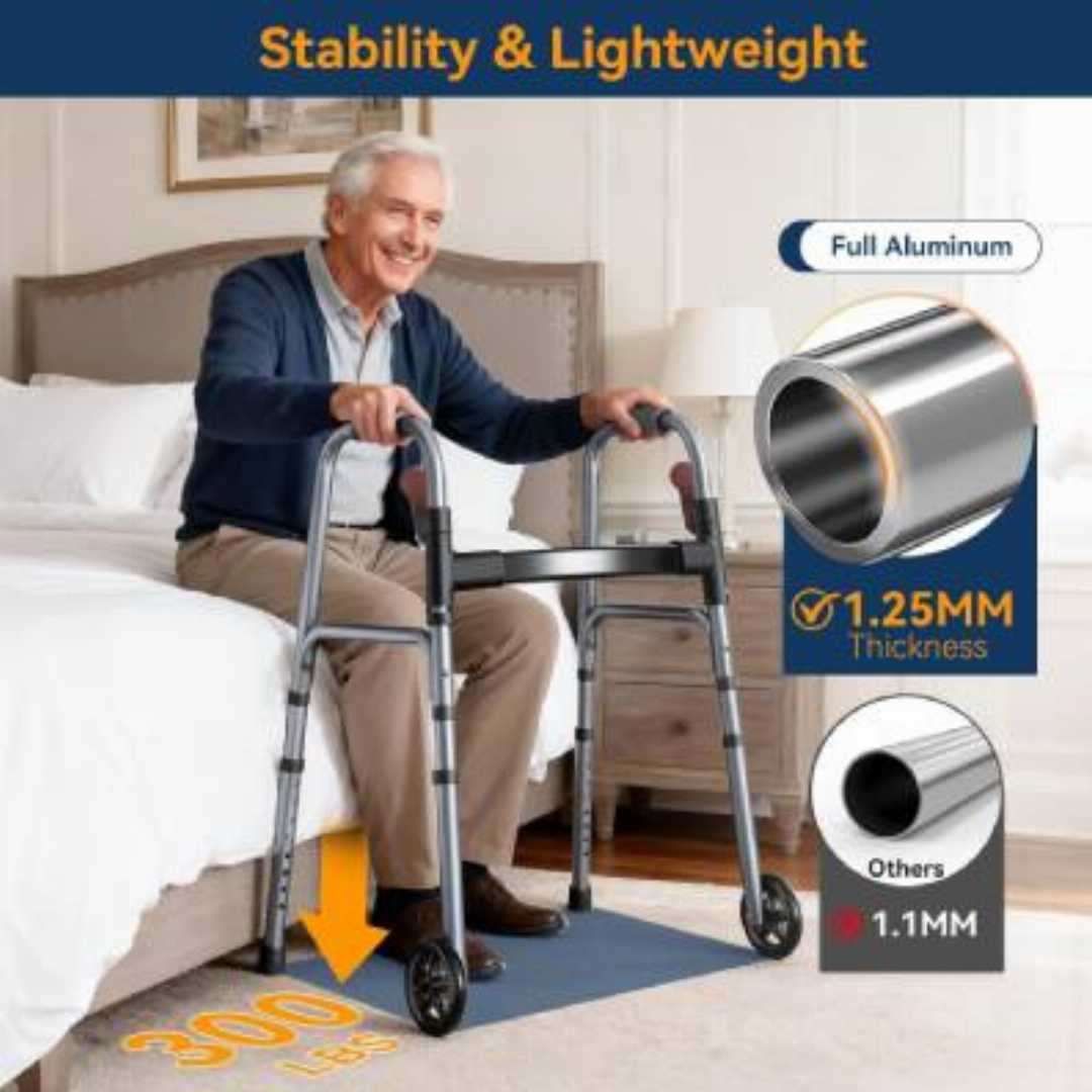 folding rolling walker for seniors, rolling walker for elderly, lightweight walker with wheels, one-hand folding walker, height adjustable walker, 300lb capacity walker, walker for seniors USA, walke