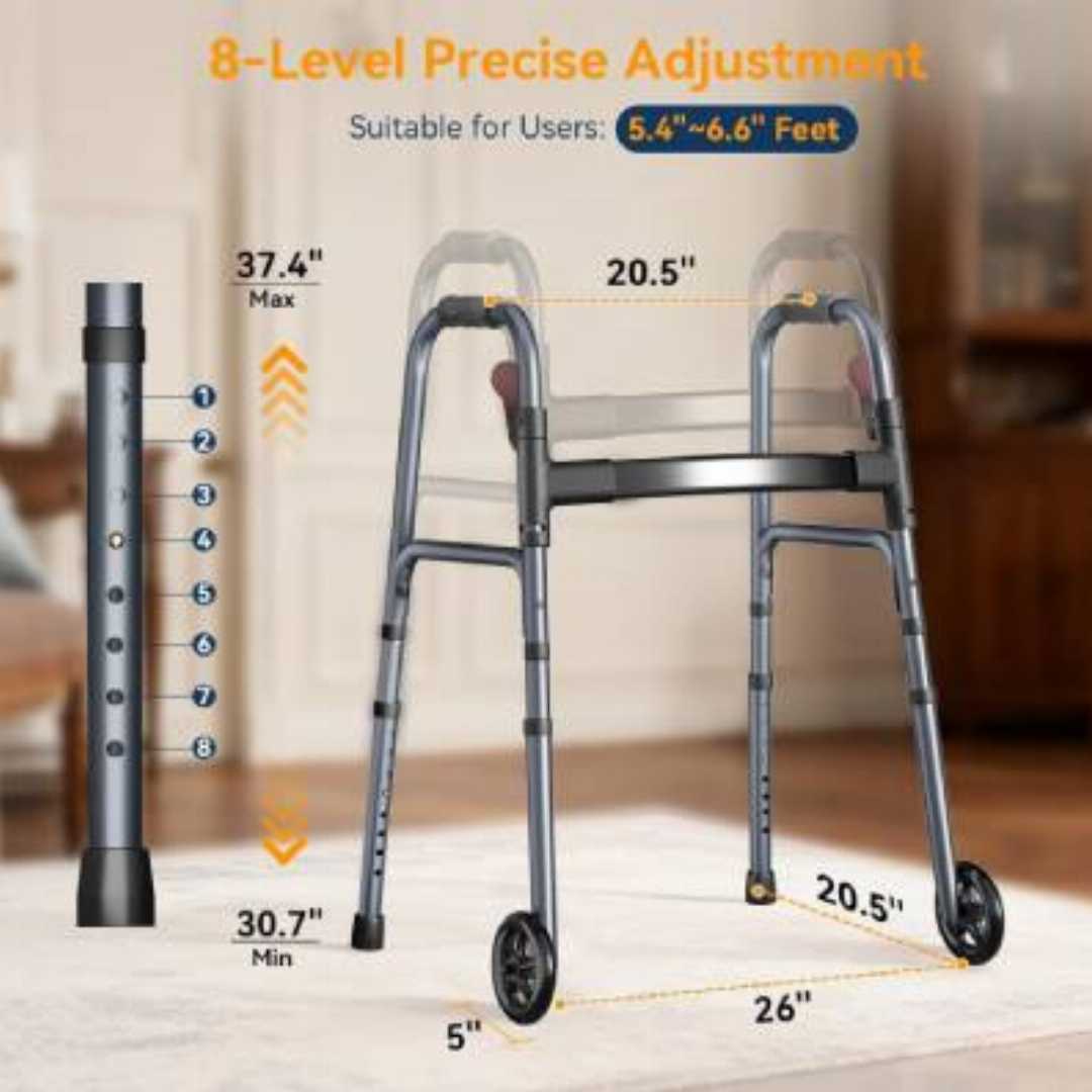 folding rolling walker for seniors, rolling walker for elderly, lightweight walker with wheels, one-hand folding walker, height adjustable walker, 300lb capacity walker, walker for seniors USA, walke