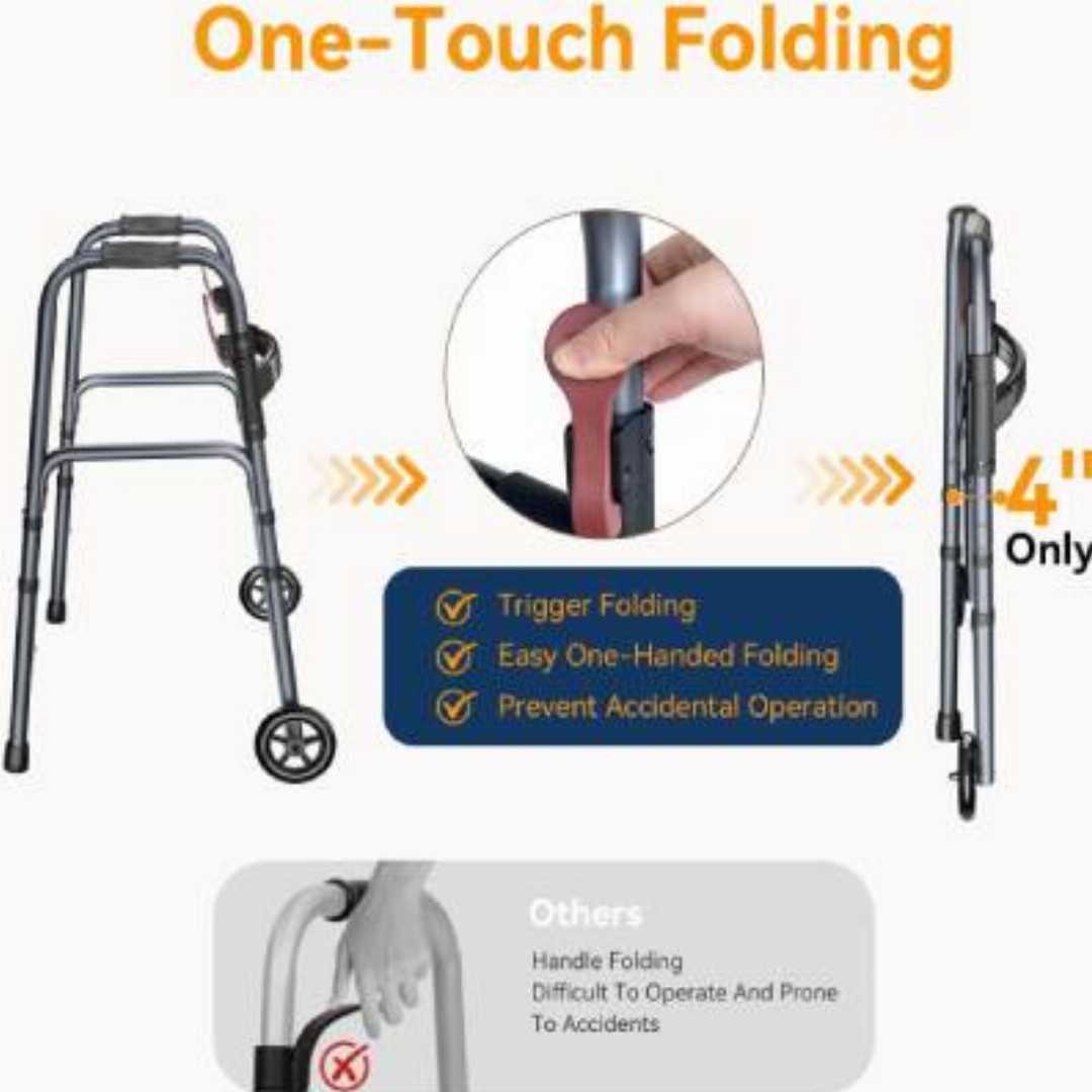folding rolling walker for seniors, rolling walker for elderly, lightweight walker with wheels, one-hand folding walker, height adjustable walker, 300lb capacity walker, walker for seniors USA, walke