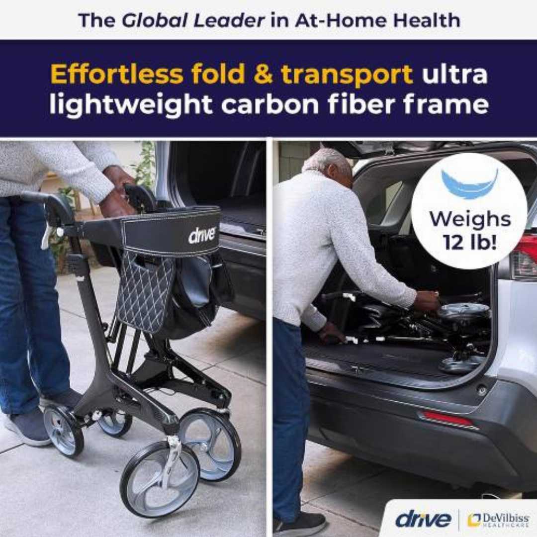 Nitro,Elite,CF,Foldable,Rollator,Walker,with,Seat:Drive,Medical,RTL10266CF,Nitro
Drive Medical Nitro Elite CF, carbon fiber rollator walker, ultra lightweight foldable walker with seat, 14.5 lb mobi