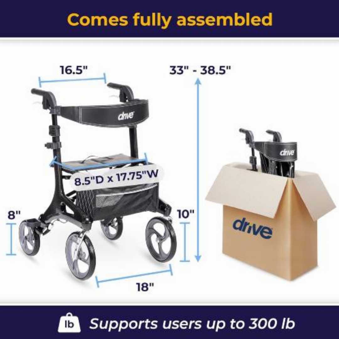 Nitro,Elite,CF,Foldable,Rollator,Walker,with,Seat:Drive,Medical,RTL10266CF,Nitro
Drive Medical Nitro Elite CF, carbon fiber rollator walker, ultra lightweight foldable walker with seat, 14.5 lb mobi