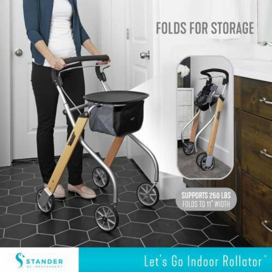 Folding,Mobility,Aid,for,Seniors:Stander,Let’s,Go,Indoor,Rollator
upright walkers for seniors USA, narrow indoor rollator for tight doors, Stander Let